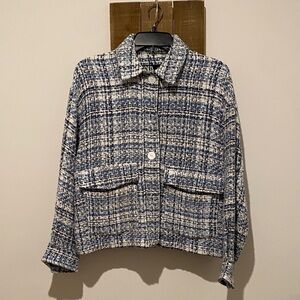 Zara Navy and Cream Tweed Blazer
